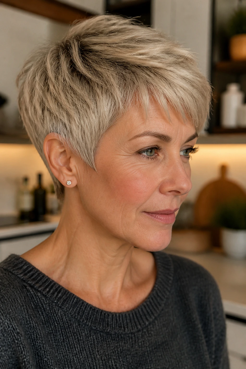 Close-up portrait of a real woman with Razored Pixie hairstyle and textured edges