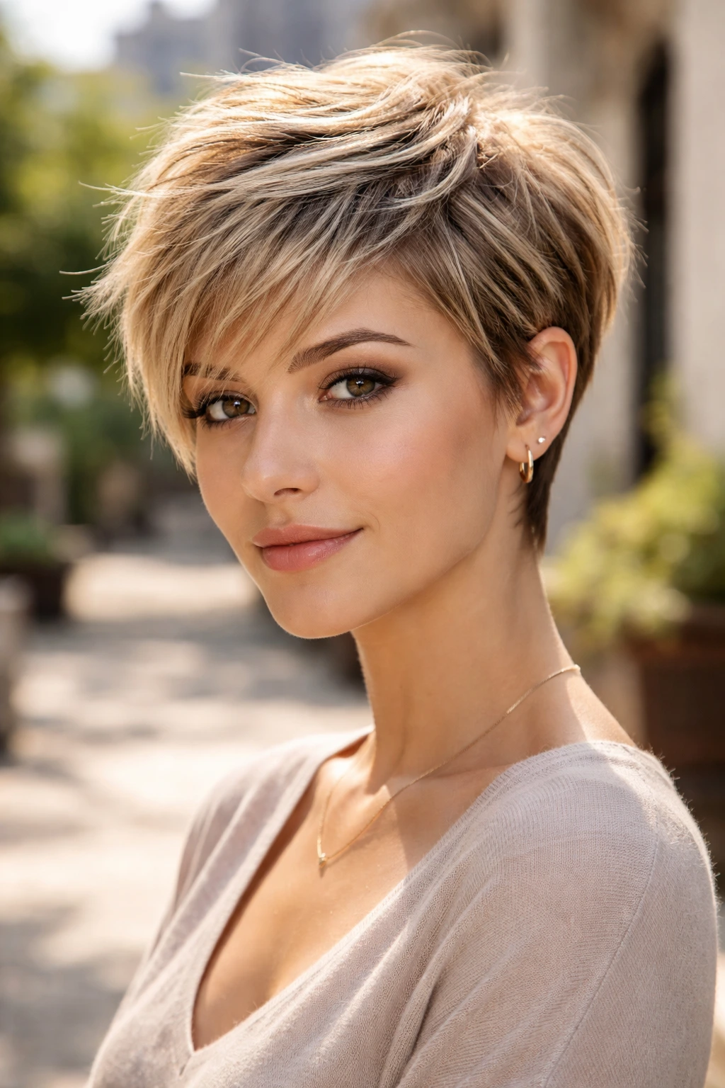 Close-up portrait of a real woman with a razor-cut pixie hairstyle