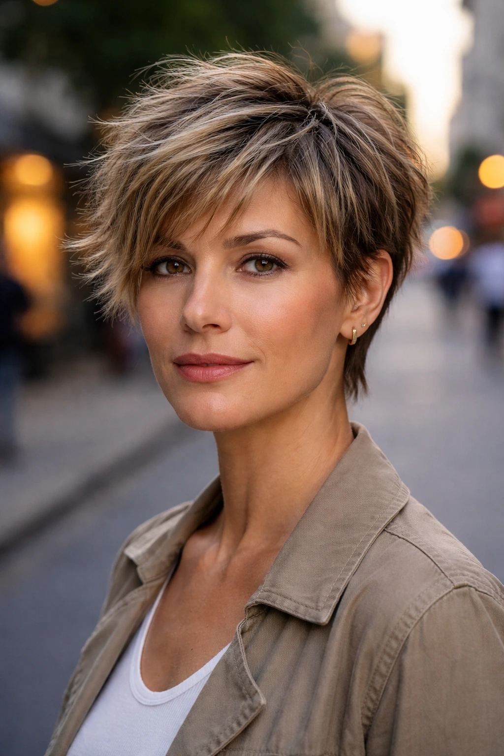 Close-up of a woman with a razor-cut pixie hairstyle