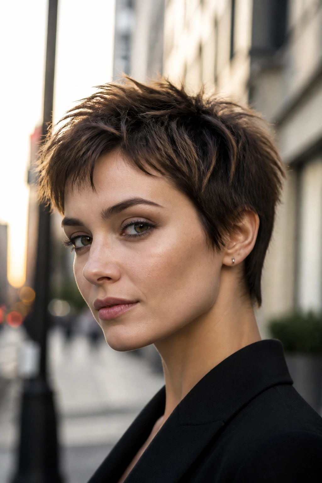 Close-up of a real woman with a razored pixie hairstyle showing textured ends.