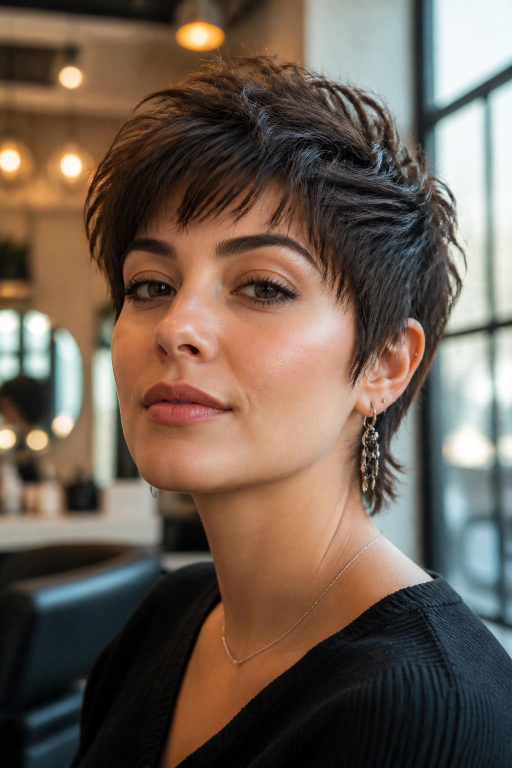 Portrait of a real woman with razored pixie wolf hairstyle.