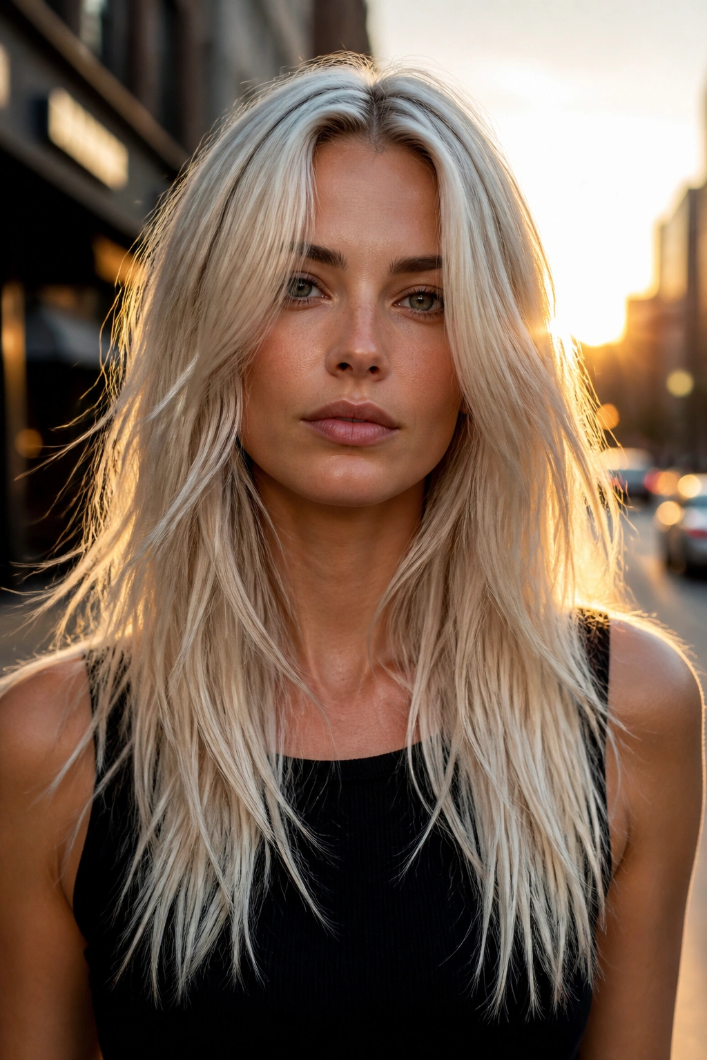 Portrait of a woman with razored platinum length and broken ends