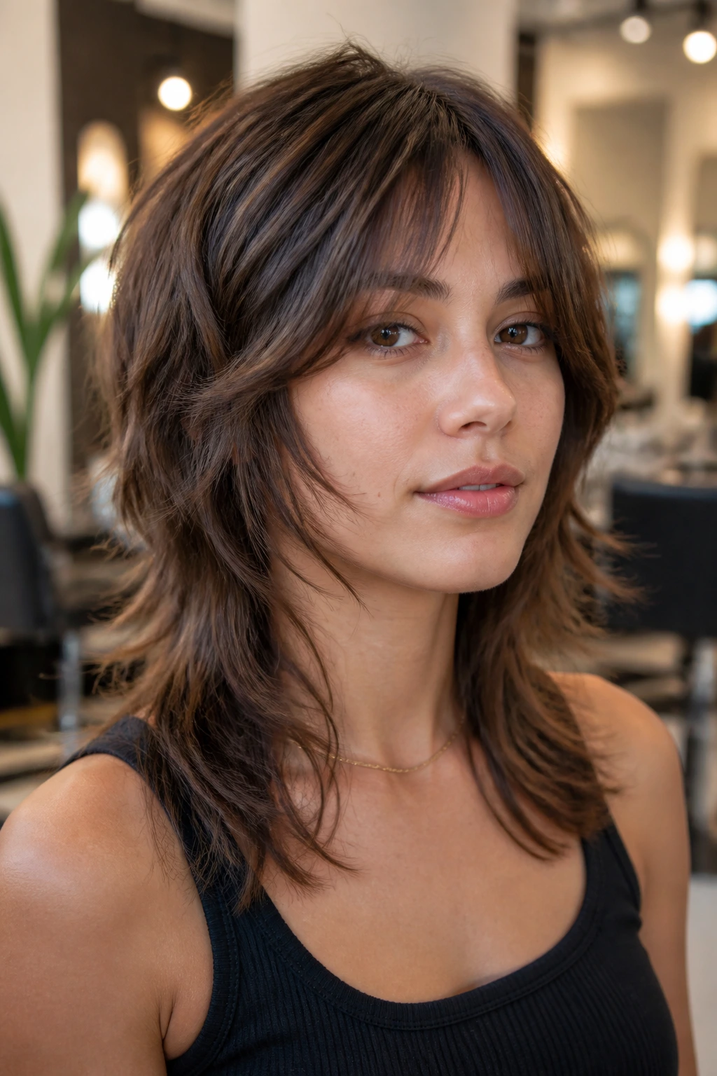 Portrait of a woman with razor-cut shag cheekbone framing in a salon setting