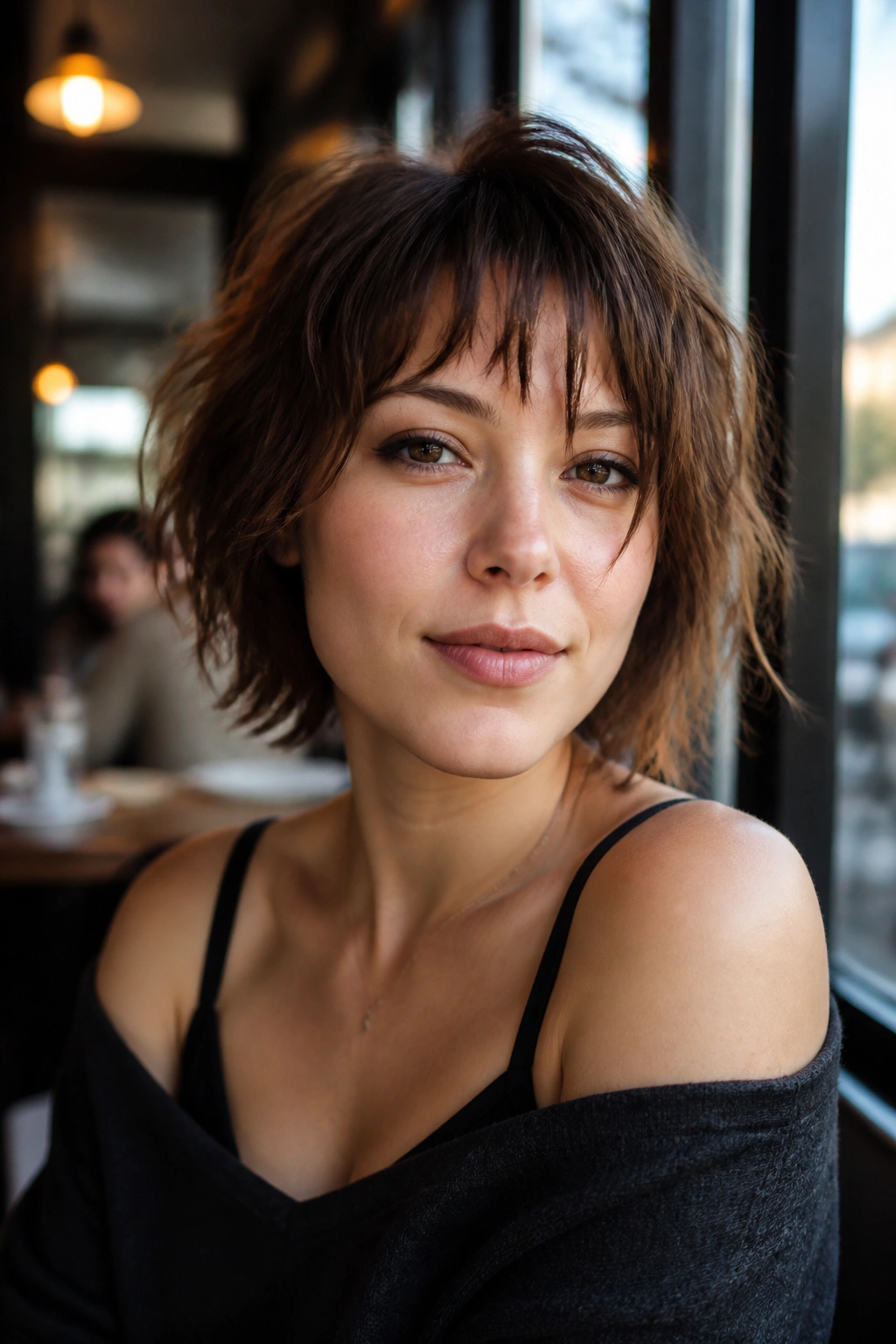 Close-up of a real woman with razor-cut shag fringe in daylight