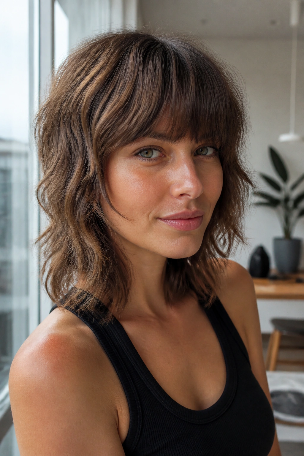 Close-up of a real woman with a full fringe and razor-textured layers (Razored Shag With Full Fringe).