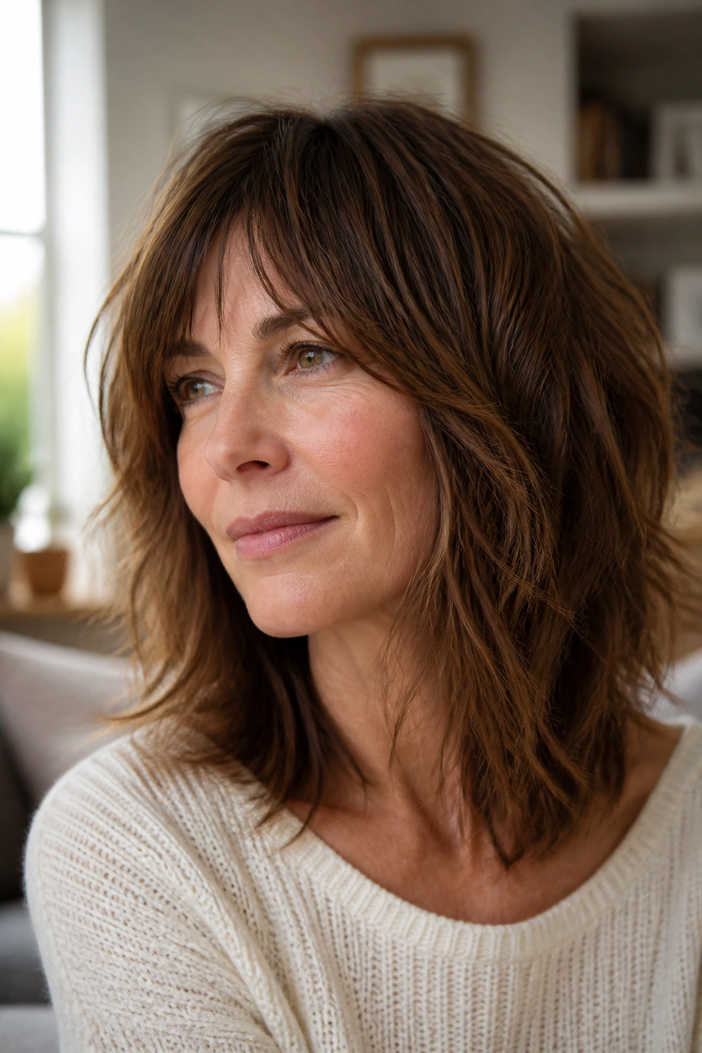 Close-up portrait of a woman with mid-length razored shag and soft ends