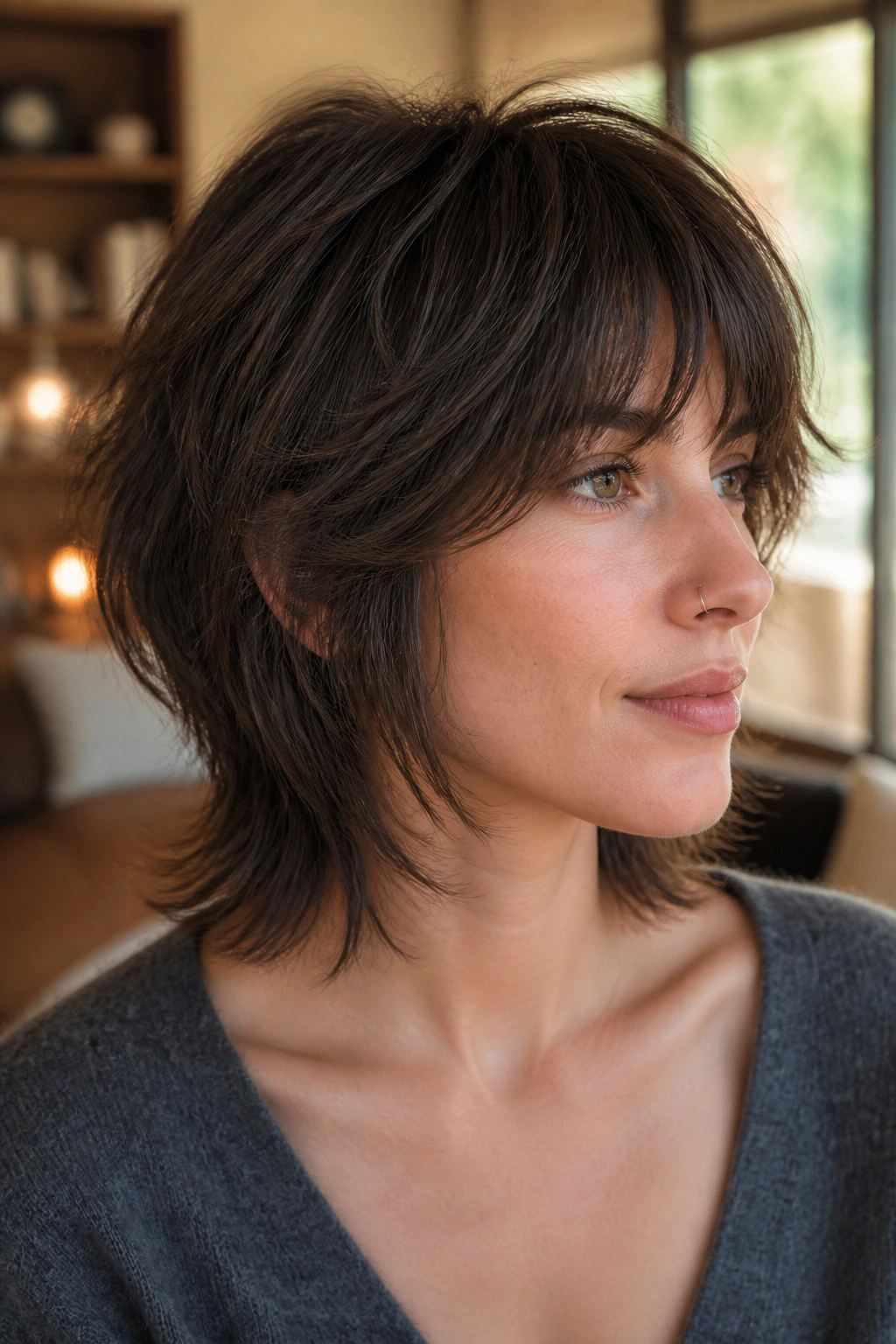 Close-up of a real woman with a razor-cut shag showing a full perimeter around the neck and sides