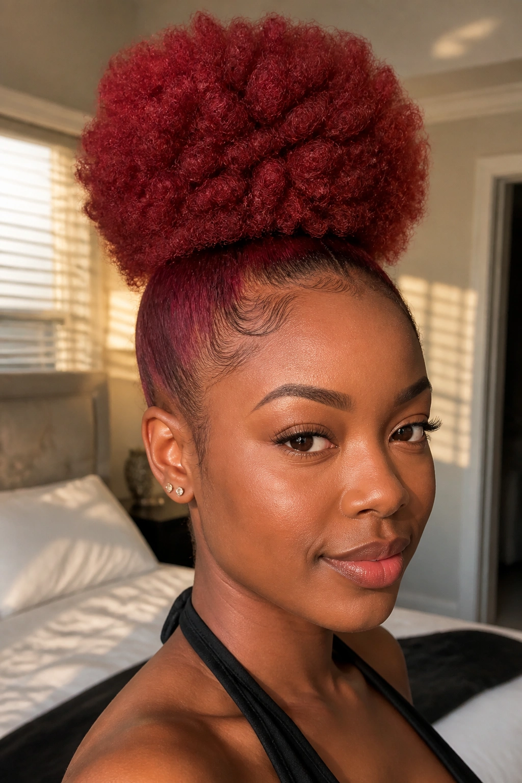 Close-up of a Black woman with a full red afro puff in a sunlit bedroom