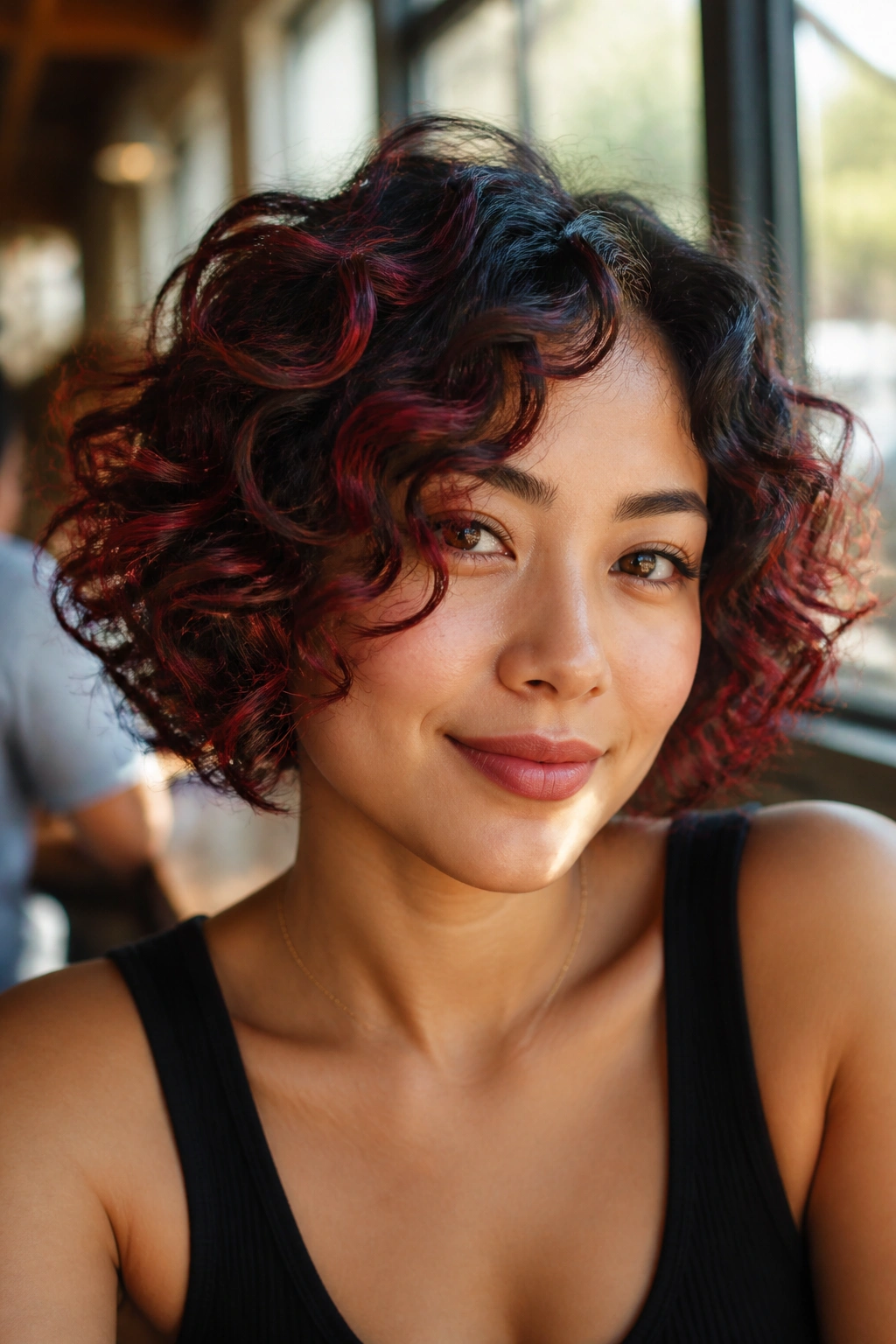 Curly bob with red babylights around crown and lower perimeter