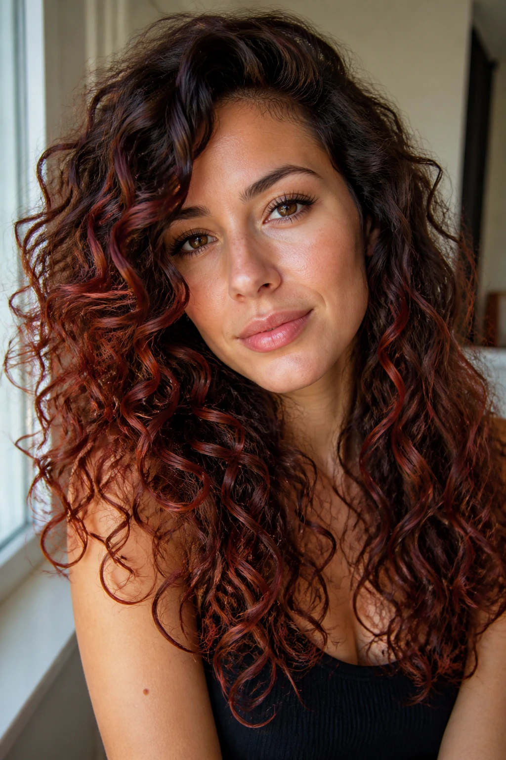 Curly brown hair with red balayage following curl clumps