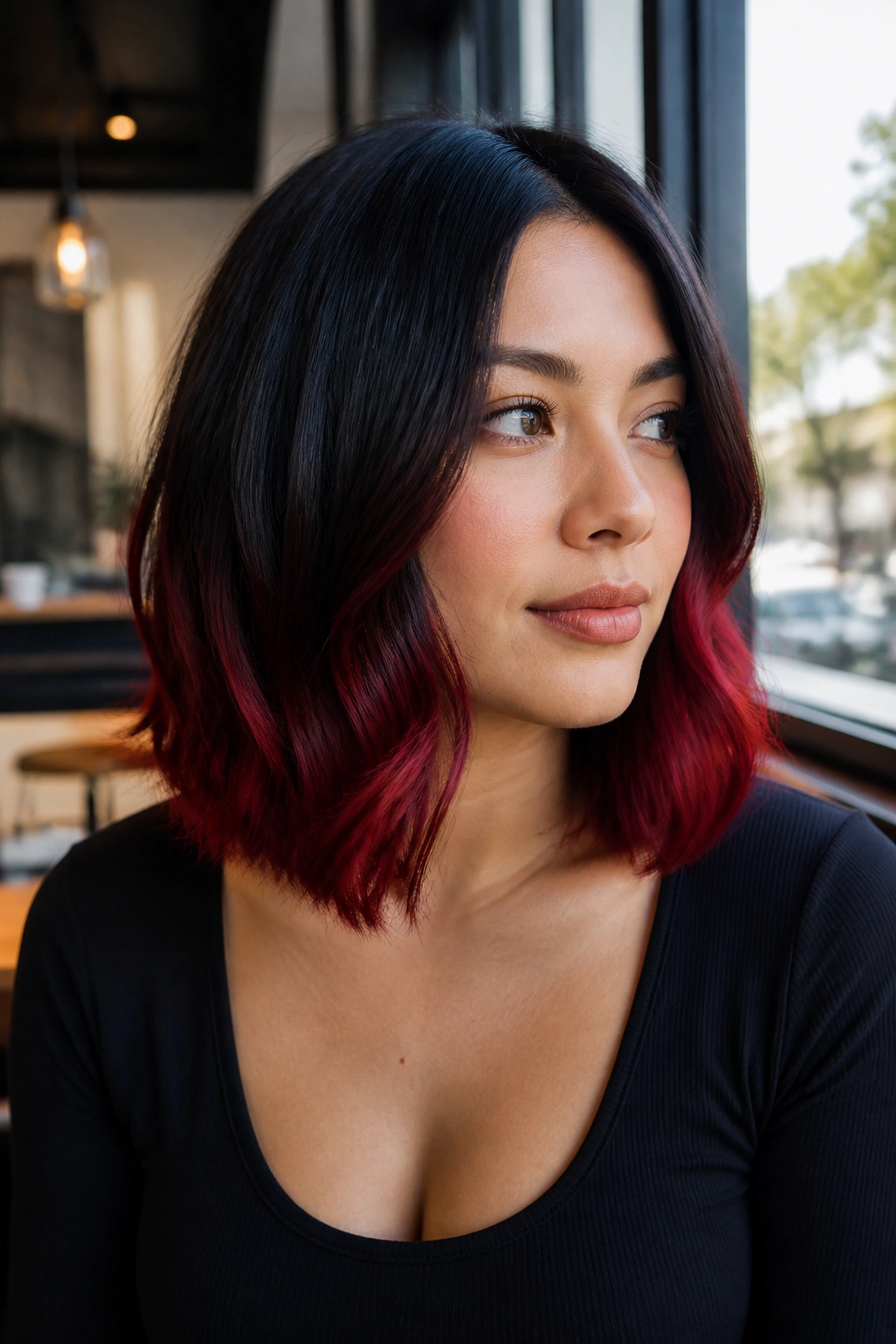 Close-up of blunt lob with red-black ombre on a real woman in a cafe window setting
