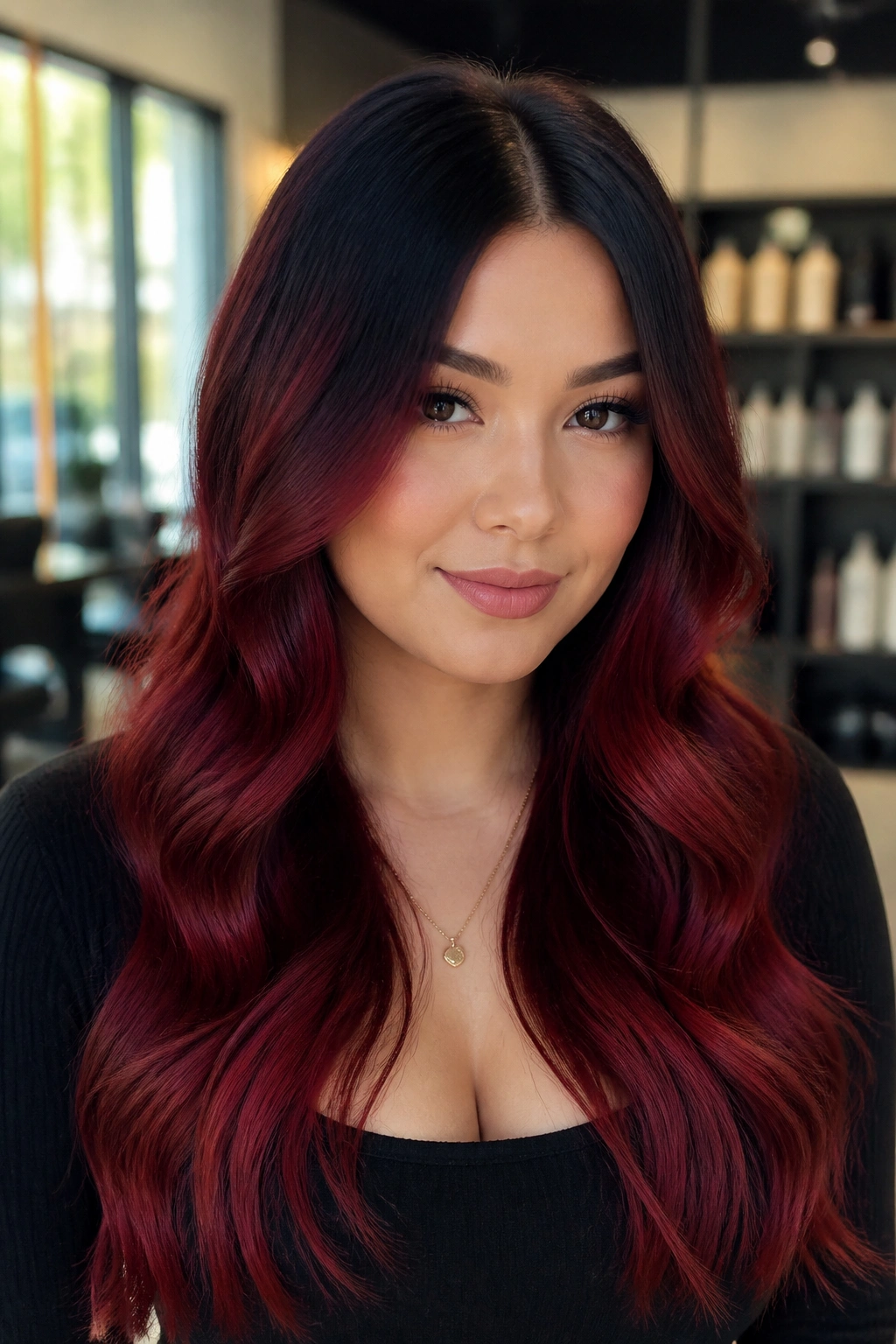 Close-up portrait of a real woman with glossy red-to-black ombre waves and a center part