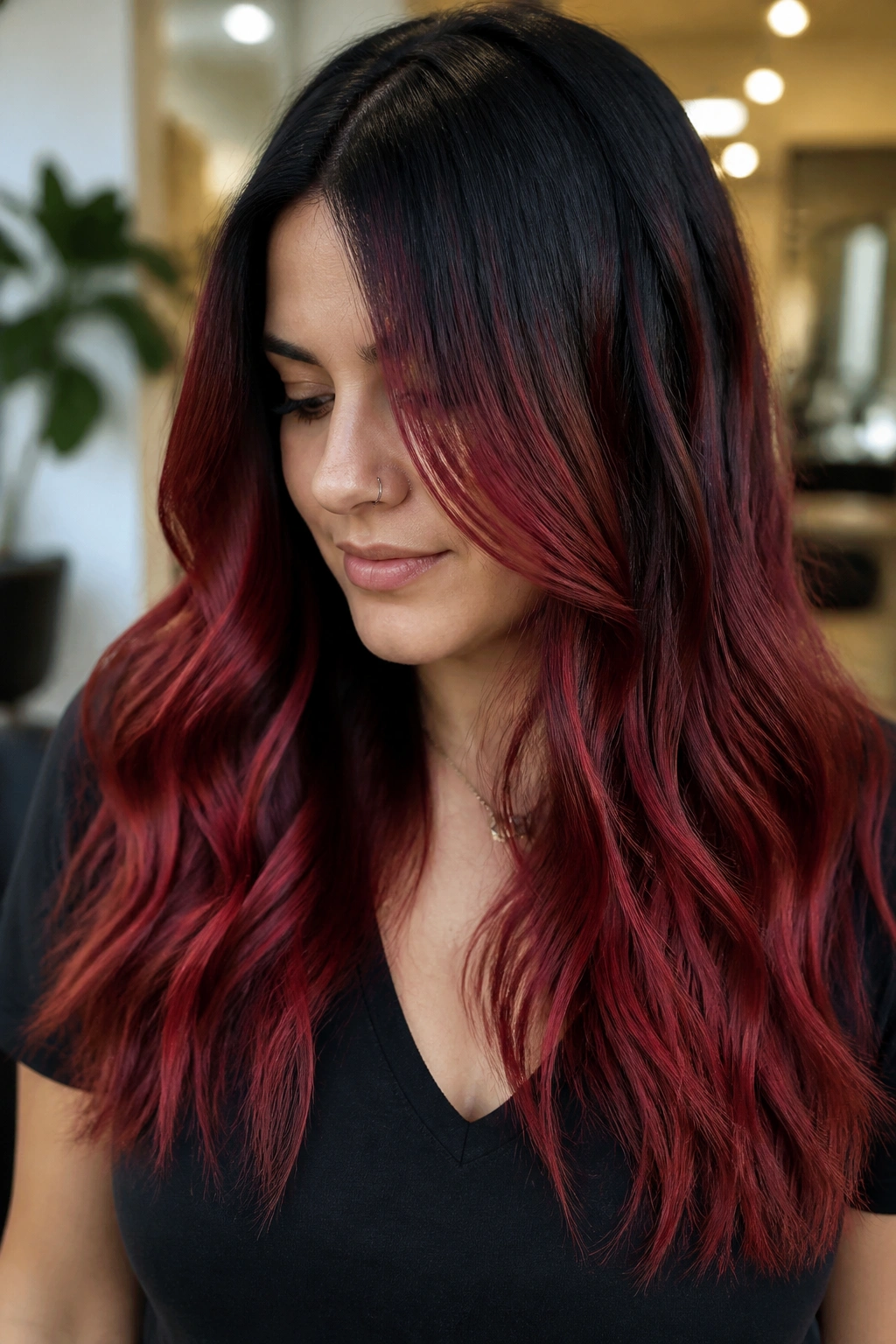 Close-up of long hair showing a red-black ombre with shadow root
