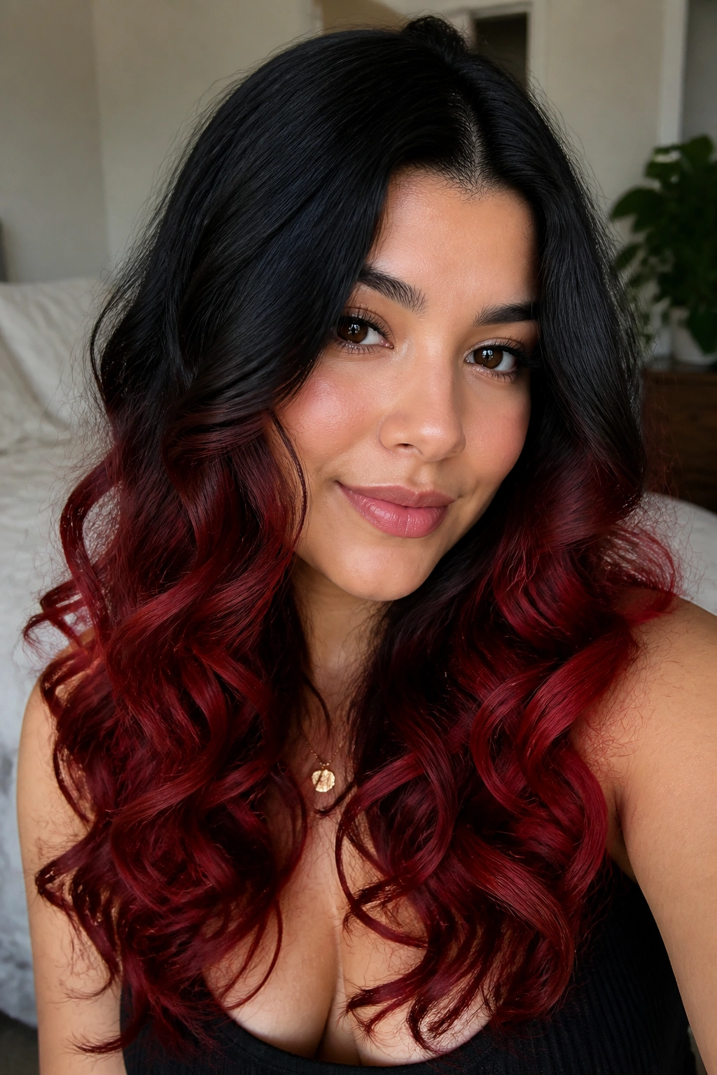Close-up of a real woman with red-black ombre and soft spiral curls