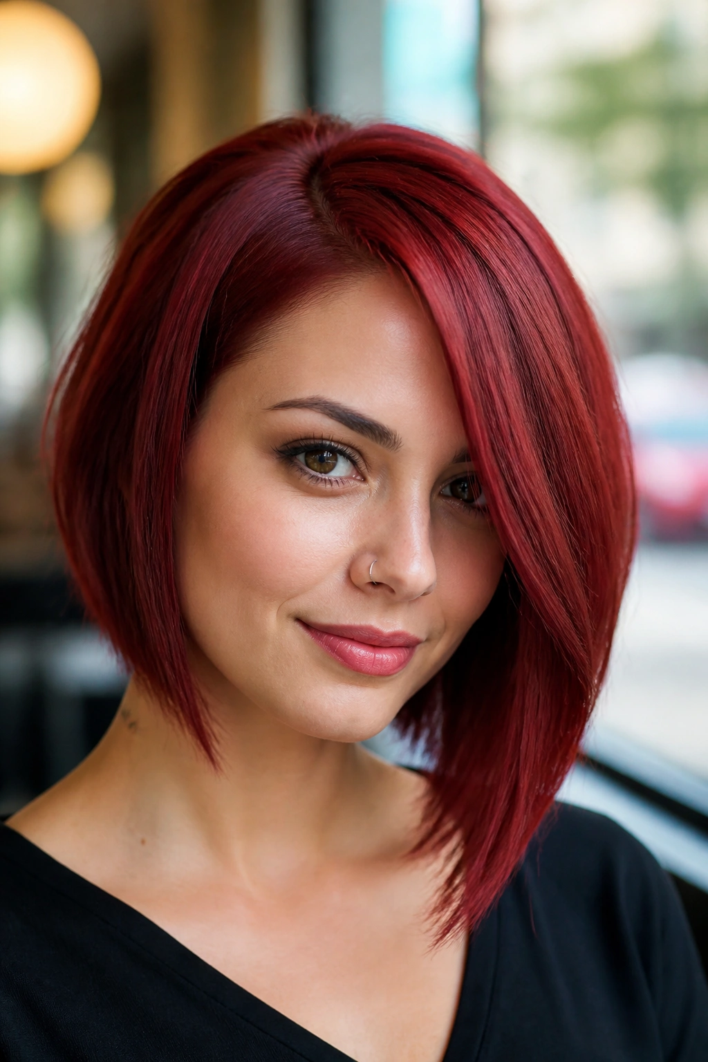 Portrait of a real person with a cherry-red asymmetrical bob showing longer side and sleek ends