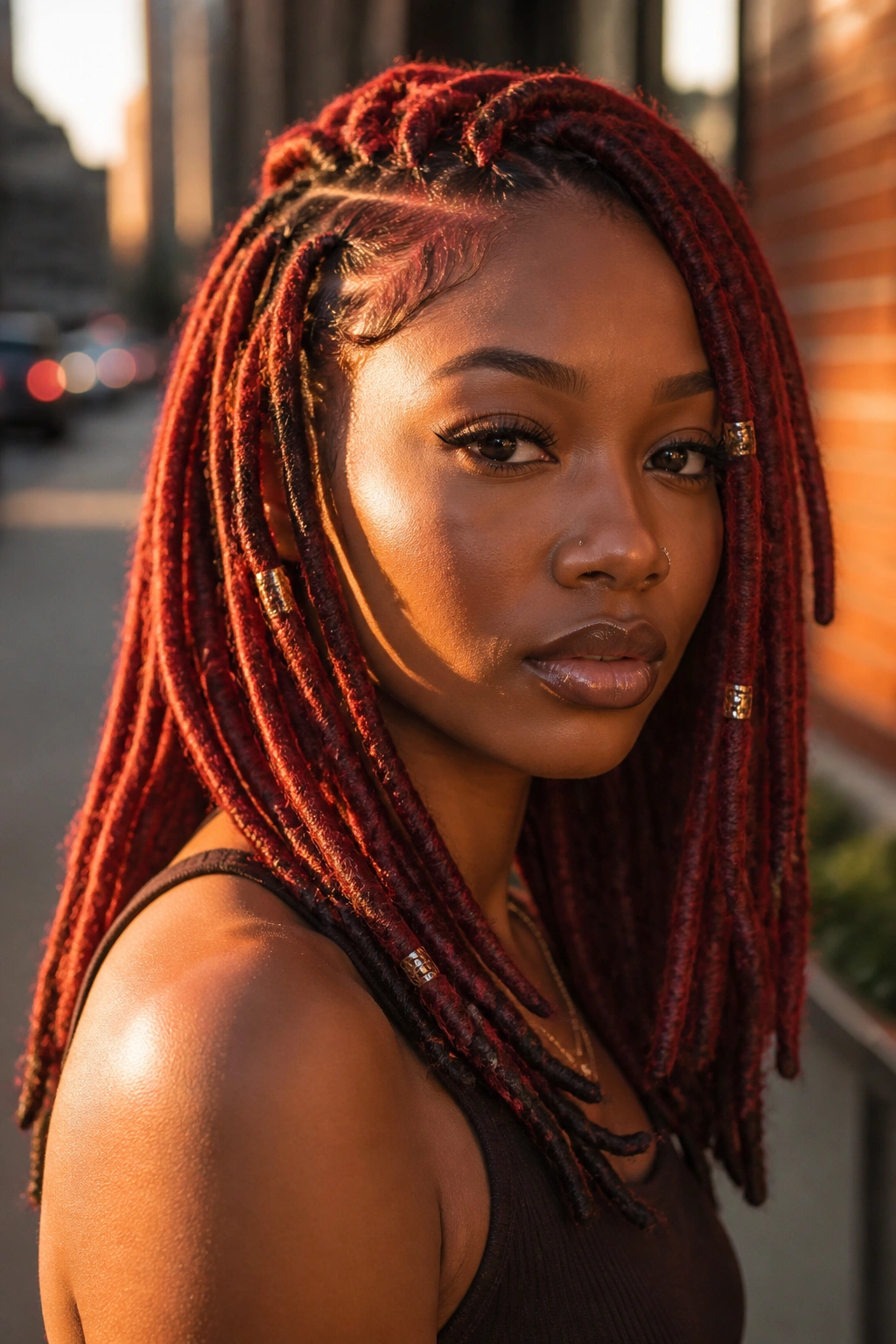 Close-up of a real Black woman with red faux locs on a city street