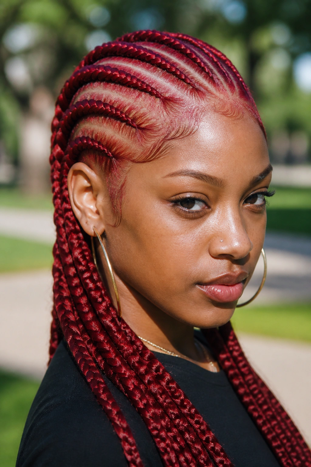 Close-up of a person with red feed-in cornrows in three-quarter view.