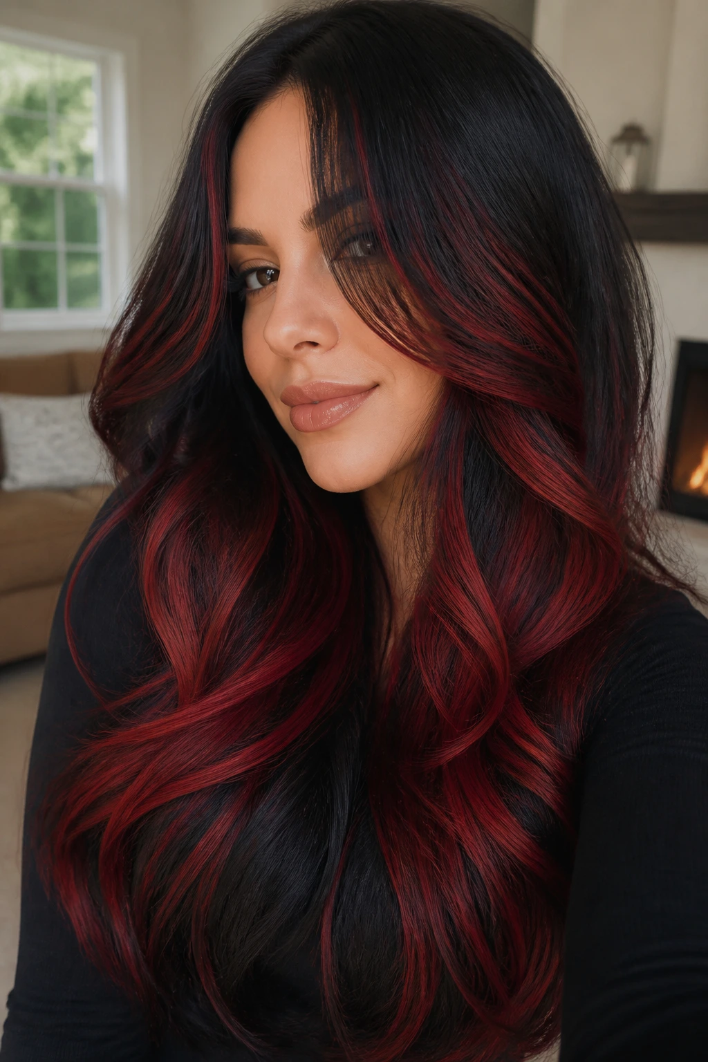 Close-up of long layered hair with red flame balayage in warm indoor light