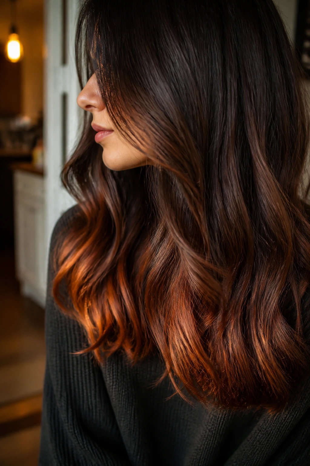Close-up of brown hair ends with red-gold glaze