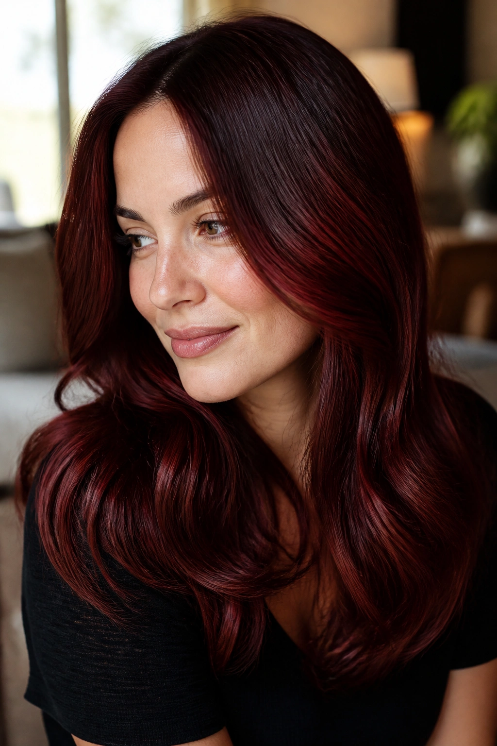 Close-up of a real woman with Cherry Cola Red hair and wine-cola depth in soft window light