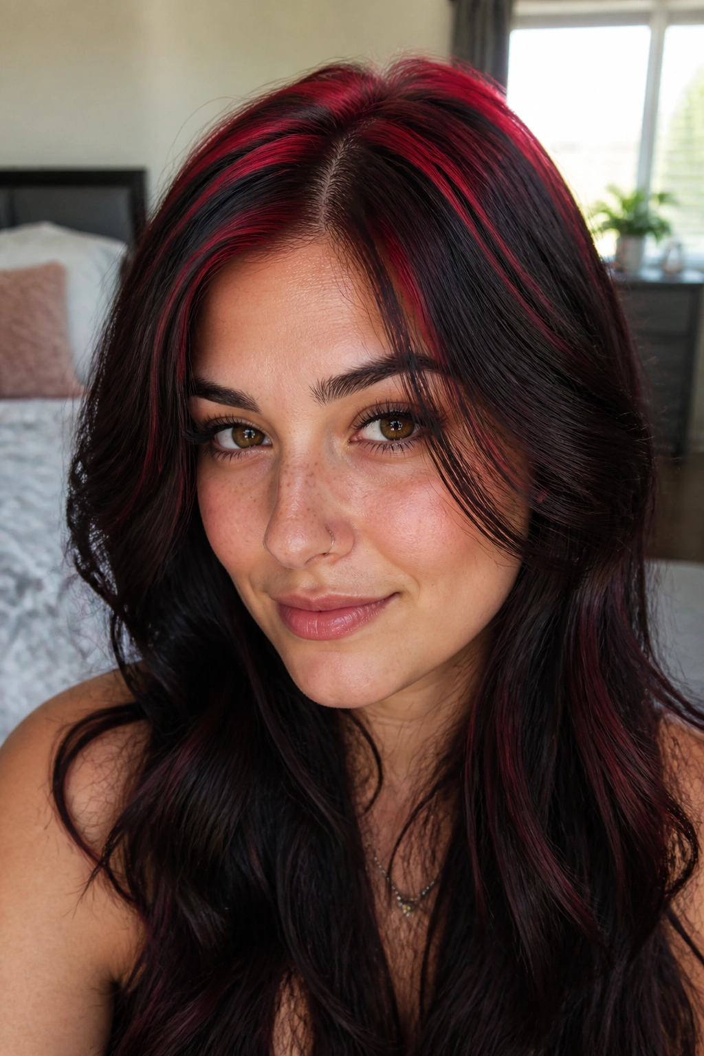 Close-up of a real woman with red halo highlights around the crown in soft window light