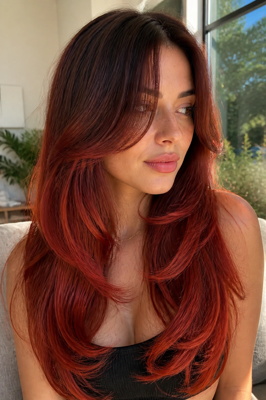 Close-up portrait of chestnut to ember red curtain layers long hair framing the face
