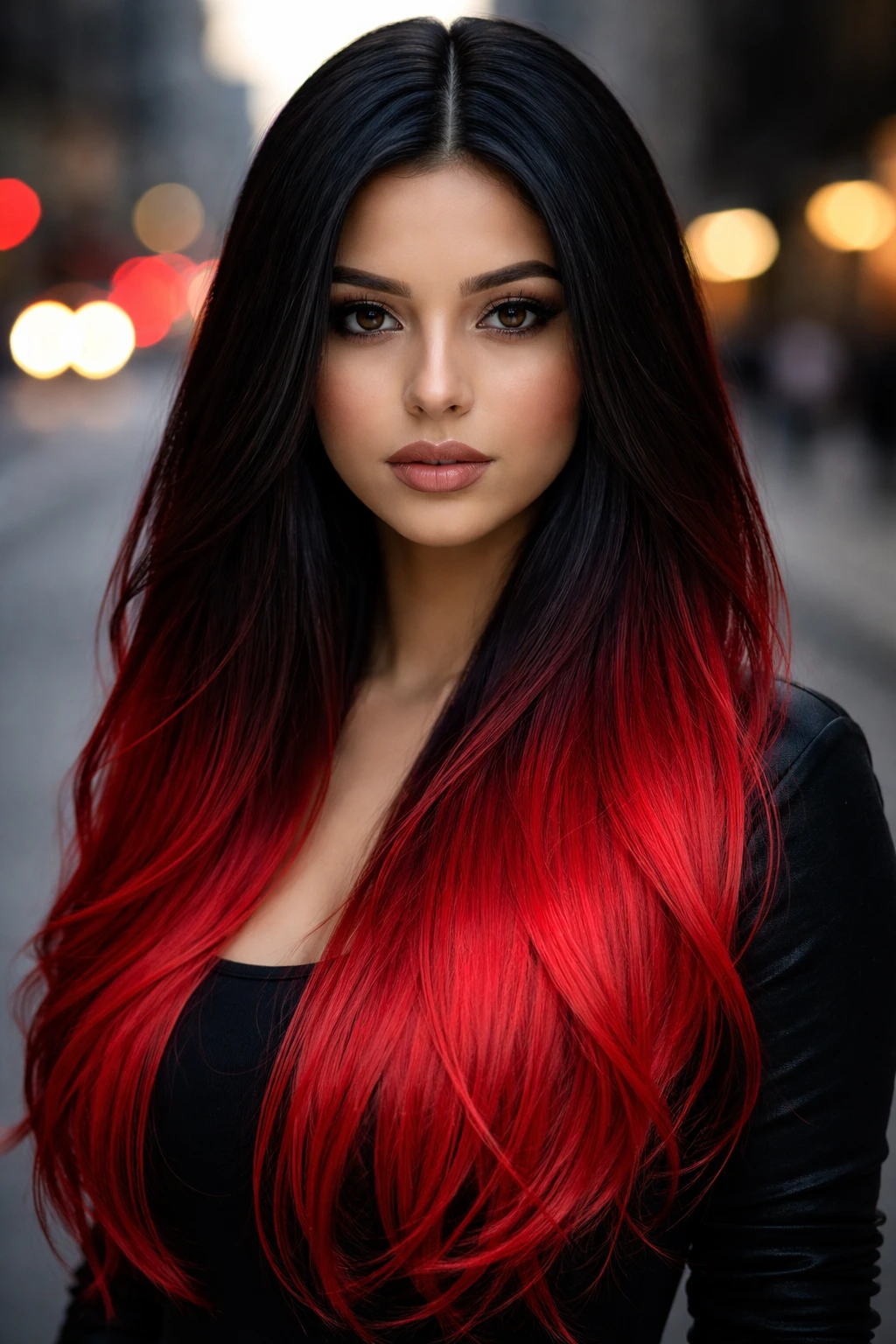 Close-up portrait of a real person with black to fire engine red ombre