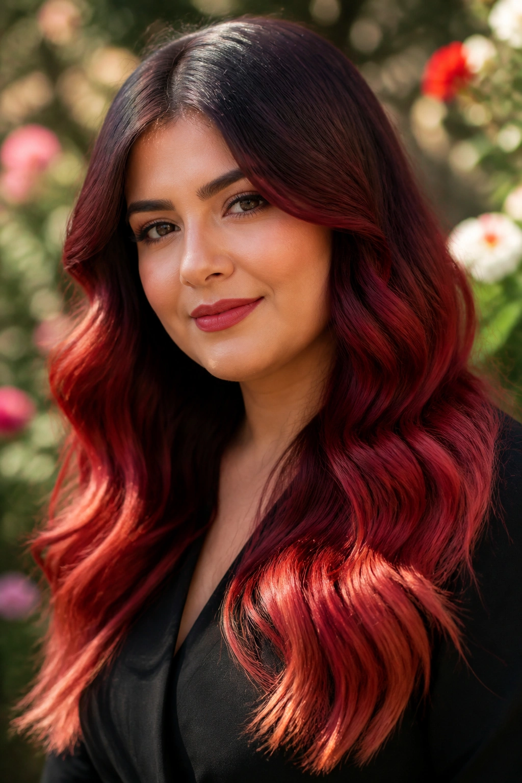Red ombré waterfall waves on a real woman, close-up portrait.