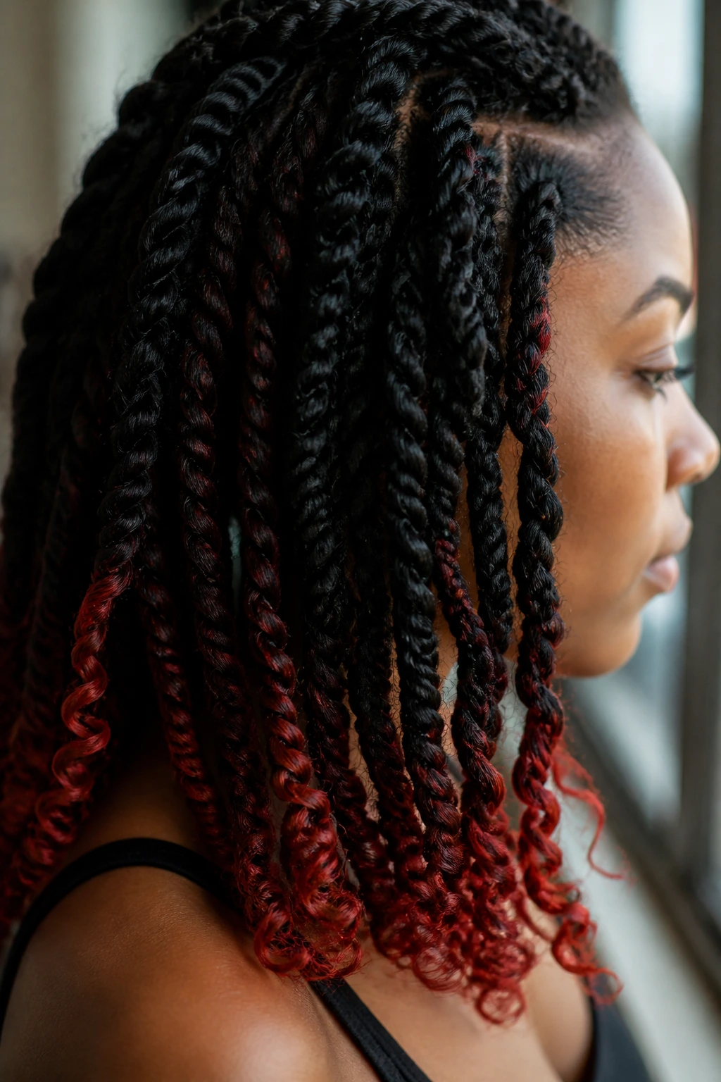 Close-up side profile of a person with twists showing red ends.
