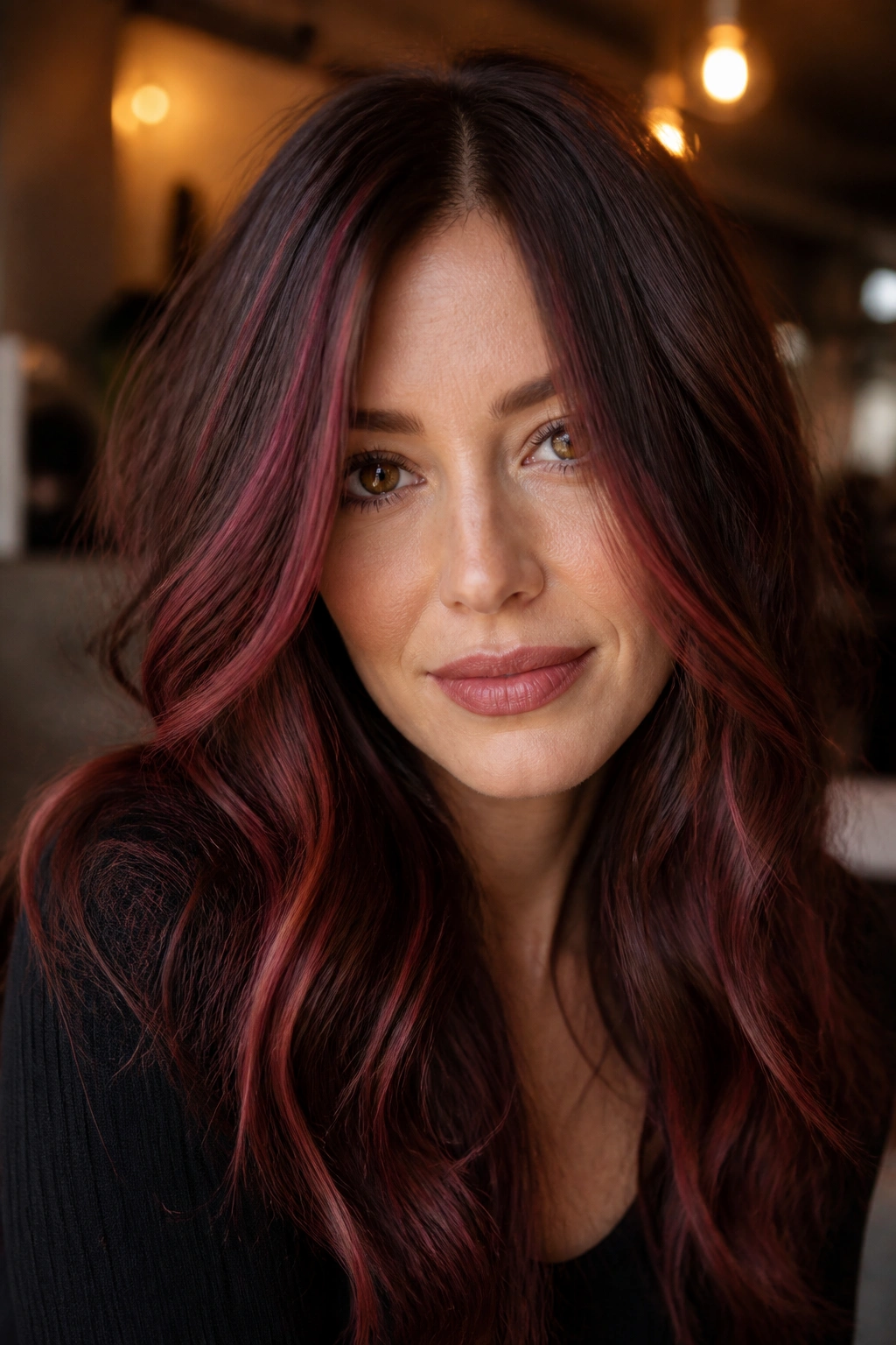 Close-up portrait of woman with cherry cola red-pink balayage on dark brown hair