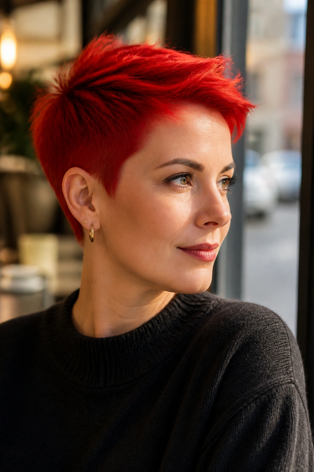 Close-up portrait of a real woman with a fire-engine red pixie cut and sharp lines