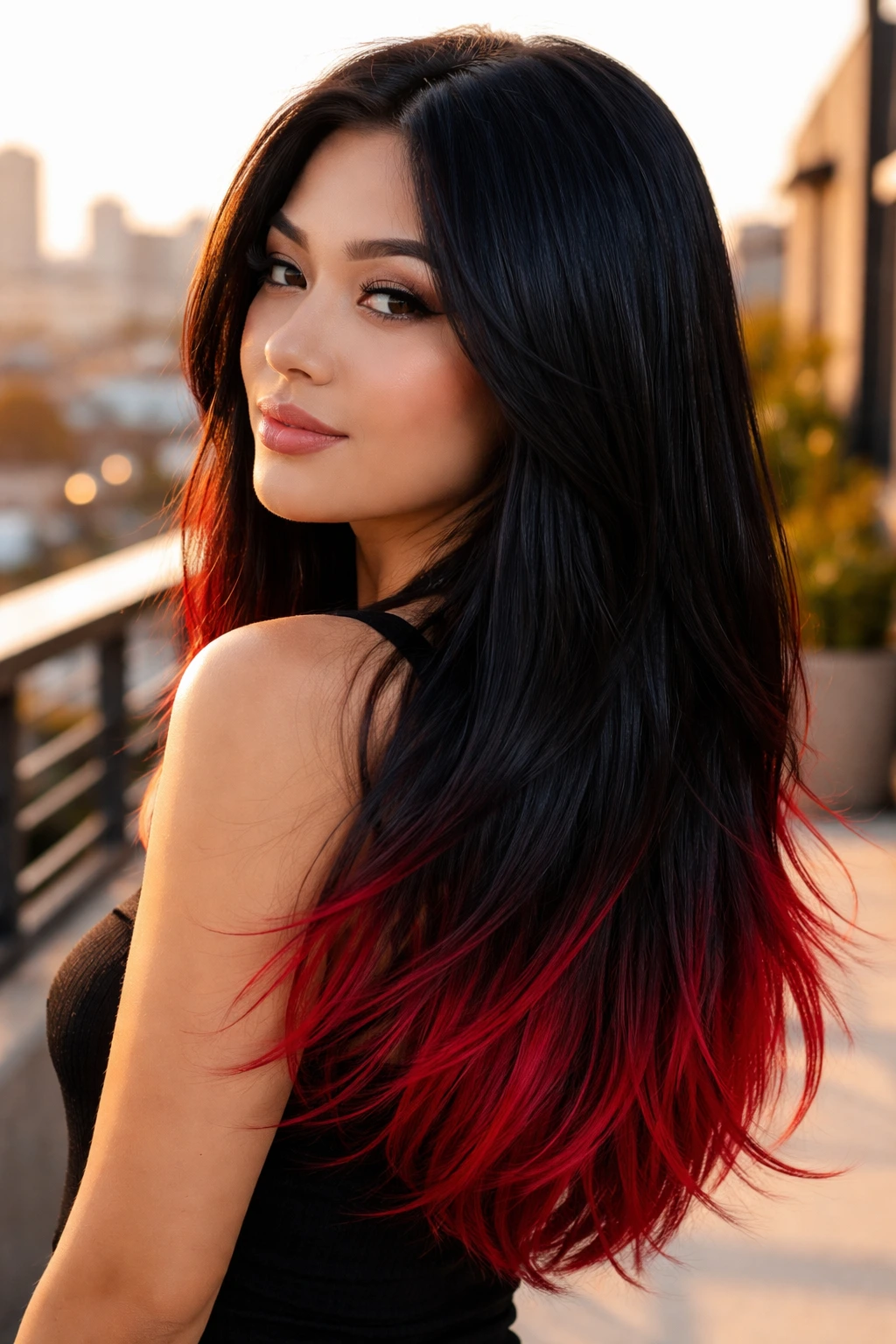 Close-up of long hair with glossy black base and red-tipped ends