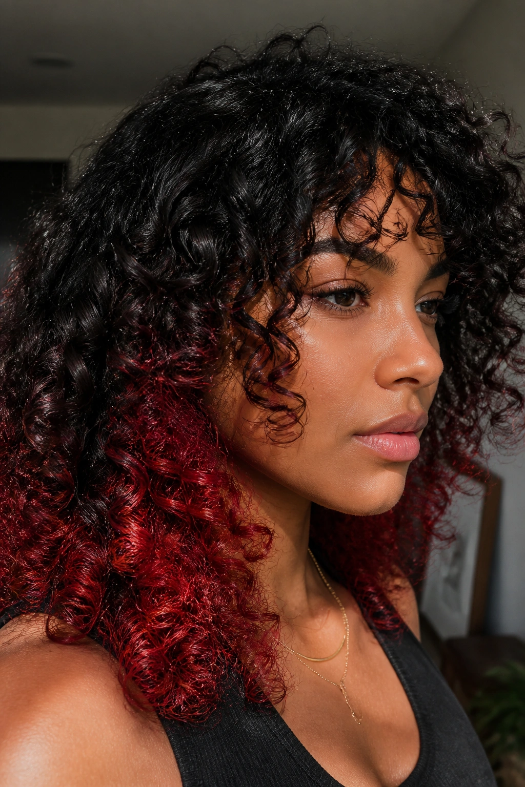 Close-up of black curls showing red underlayer in motion