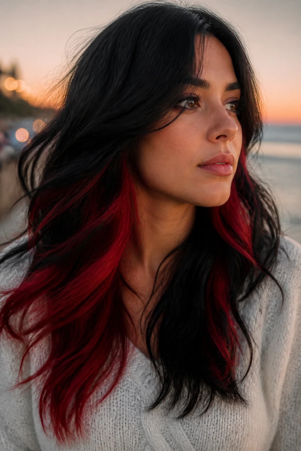 Close-up of woman with red underlights beneath black hair waves