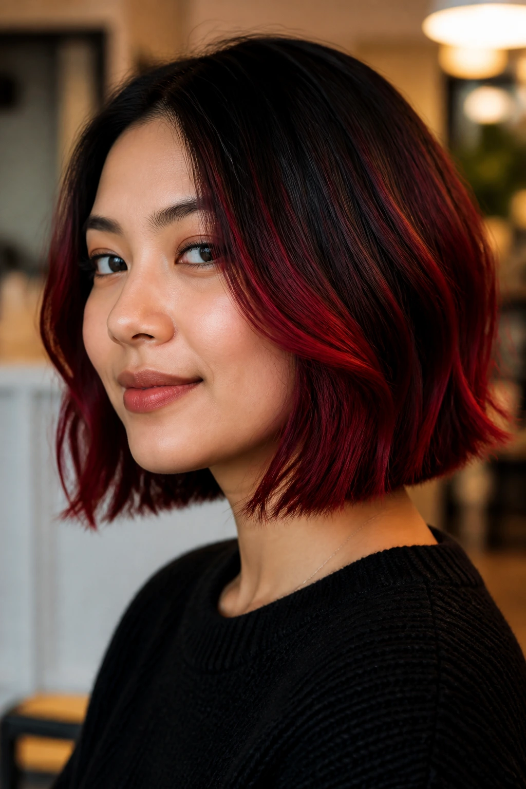 Portrait of a real person with a red velvet balayage bob