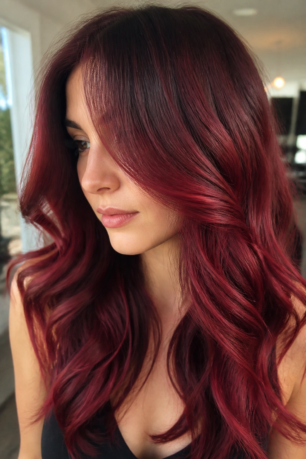 Brunette with red velvet balayage and glossy waves
