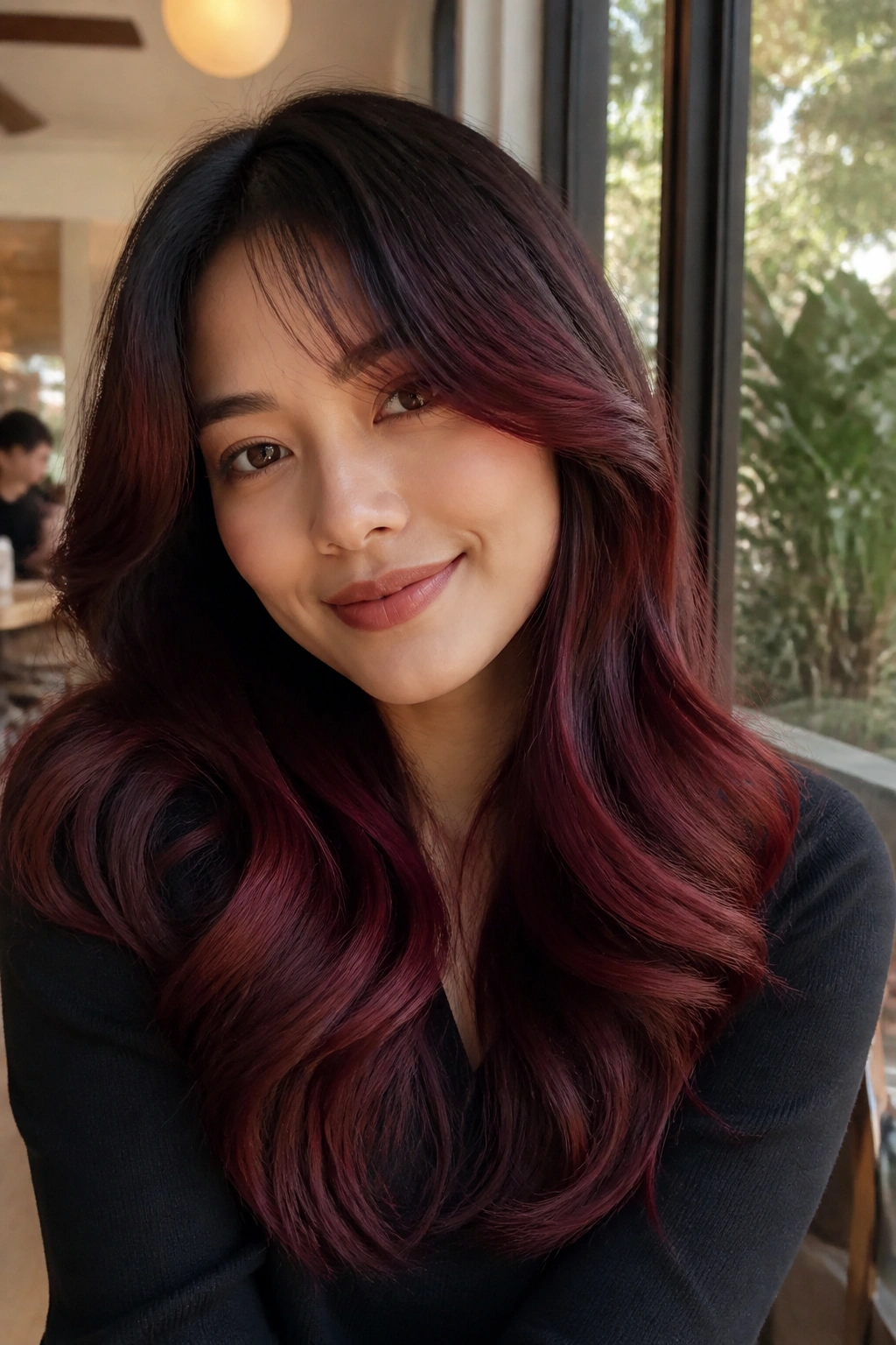 Portrait of a woman with red velvet balayage and curtain bangs