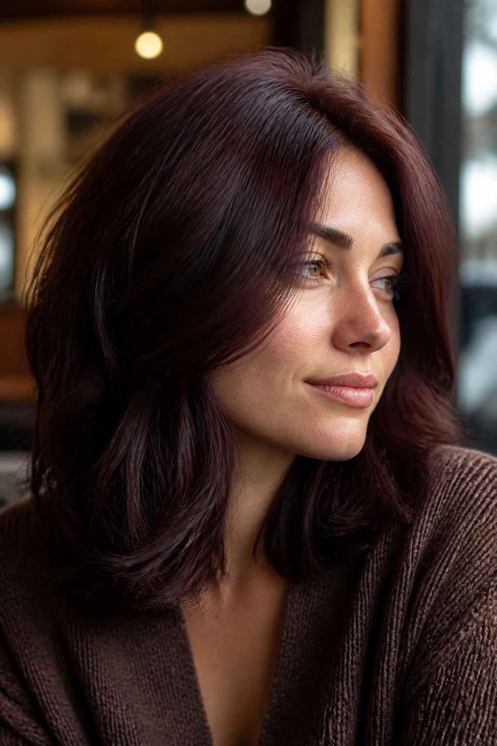 Close-up portrait of a real woman with Red Velvet Brown hair in warm cafe light