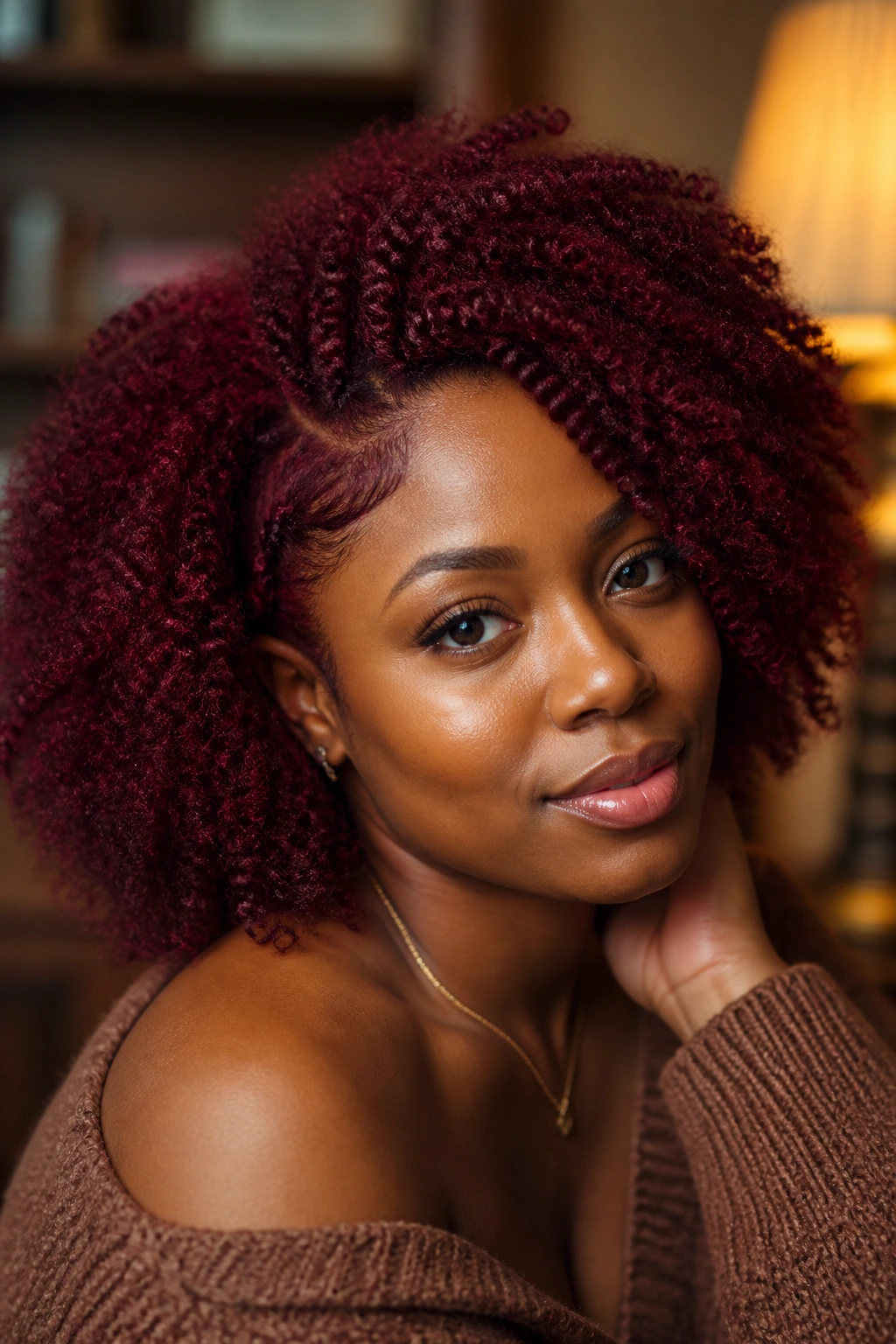 Close-up of a real person with deep Red Velvet hair color