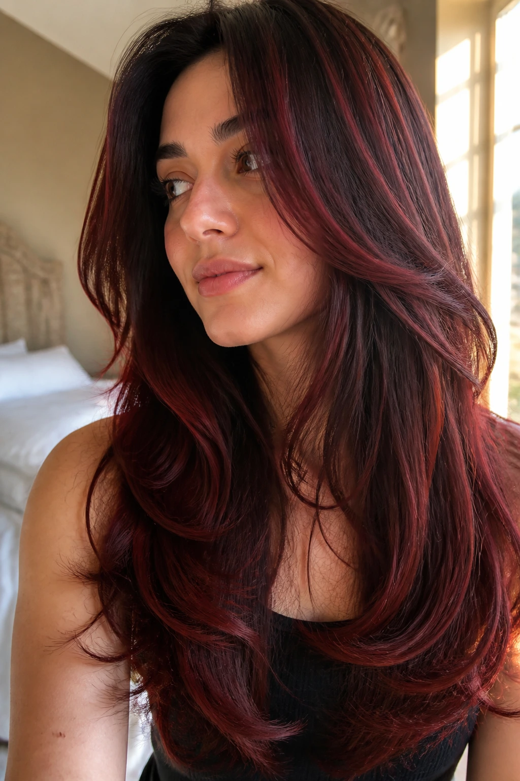 Close-up portrait of a brunette with long layered hair and red velvet highlights