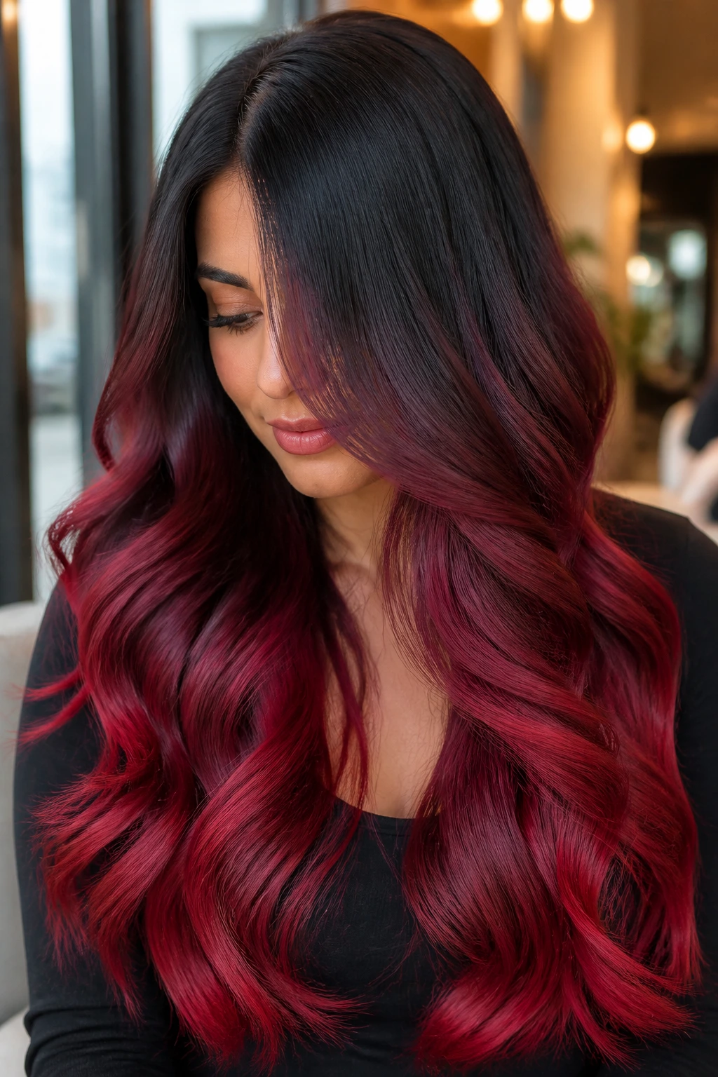 Close-up of a real woman's long hair in black to red velvet ombre with black roots and velvet red ends.