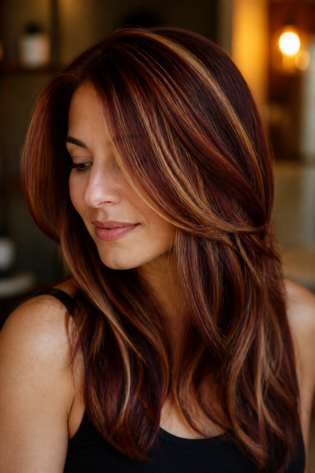 Close-up of a real woman with red velvet lowlights and honey blonde threads in brunette hair