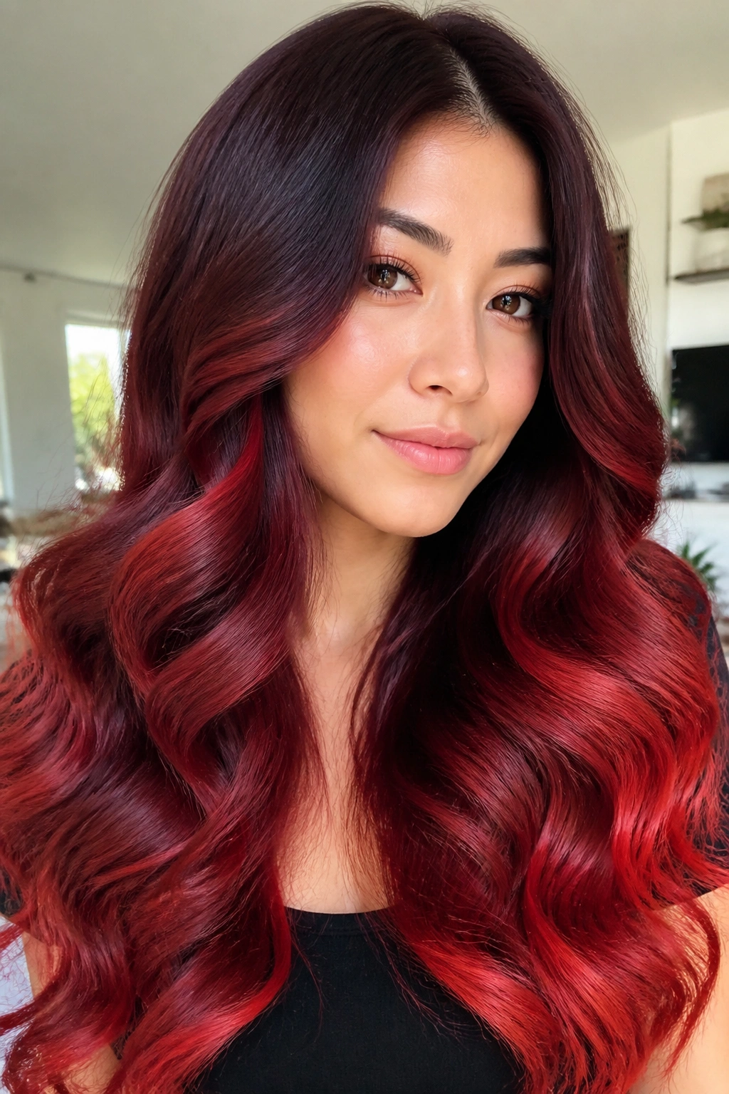 Close-up of red velvet ombre with barrel curls on long hair