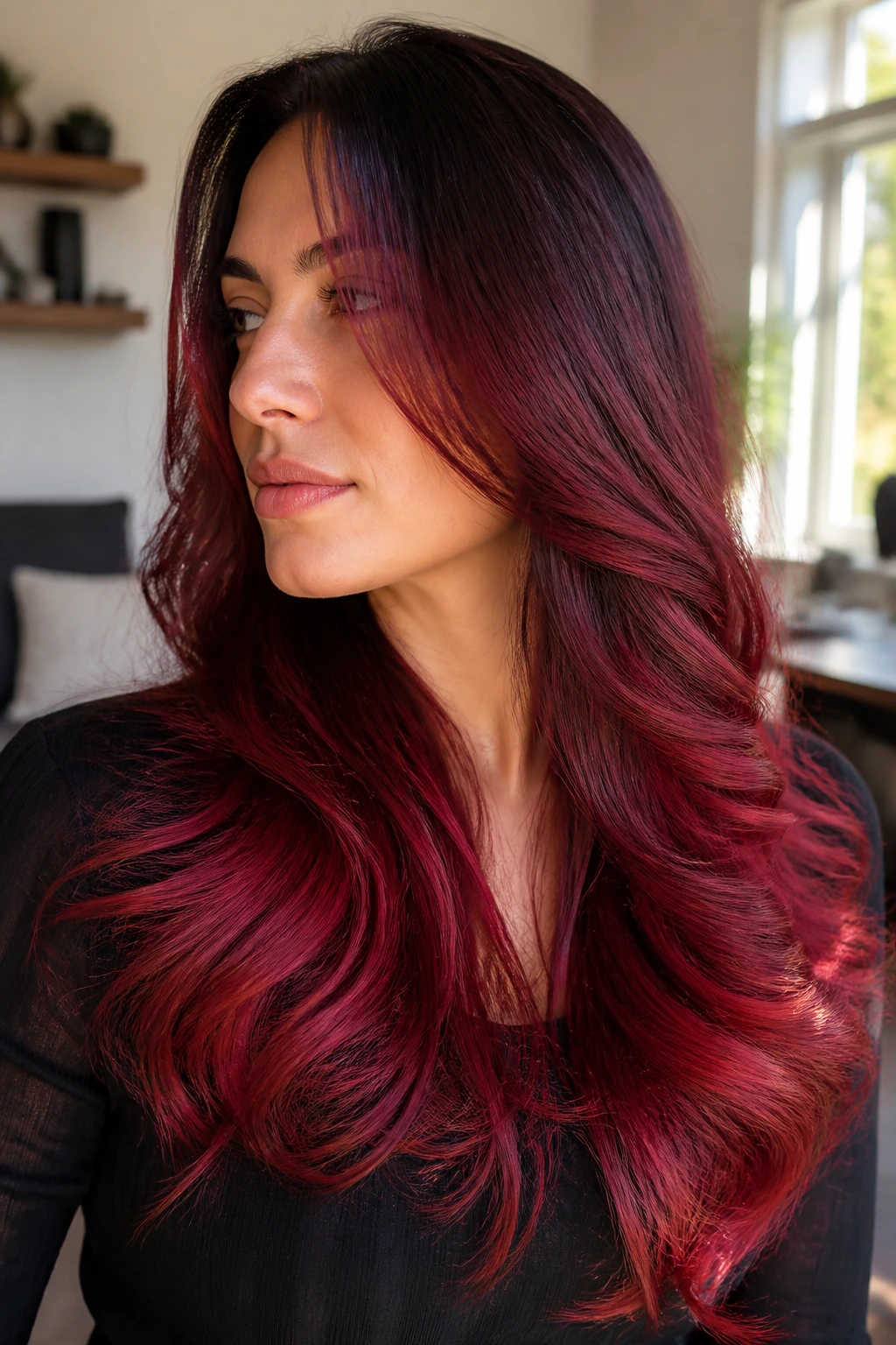 Close-up of a real woman with long layered burgundy ombre hair in warm window light.