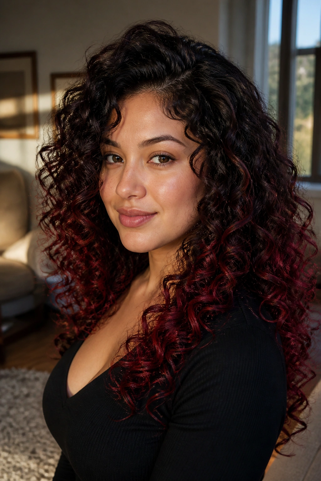 Close-up portrait of a real person with red velvet ombré on curly hair