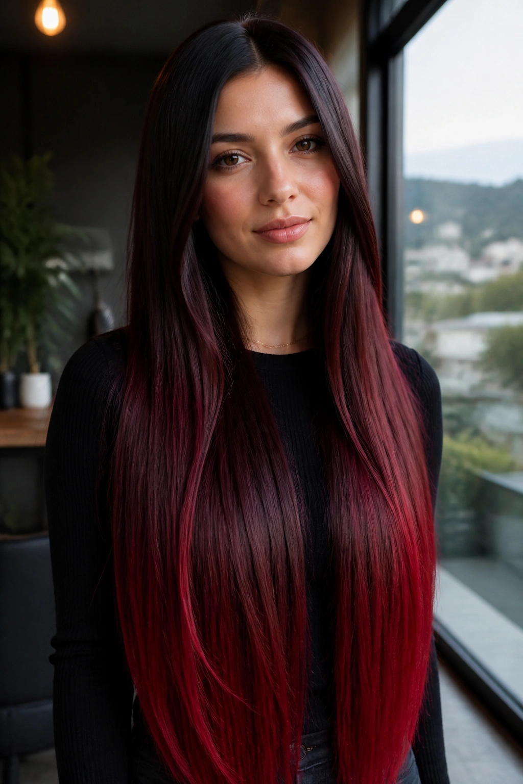Ultra-long straight hair with red velvet ombre fade