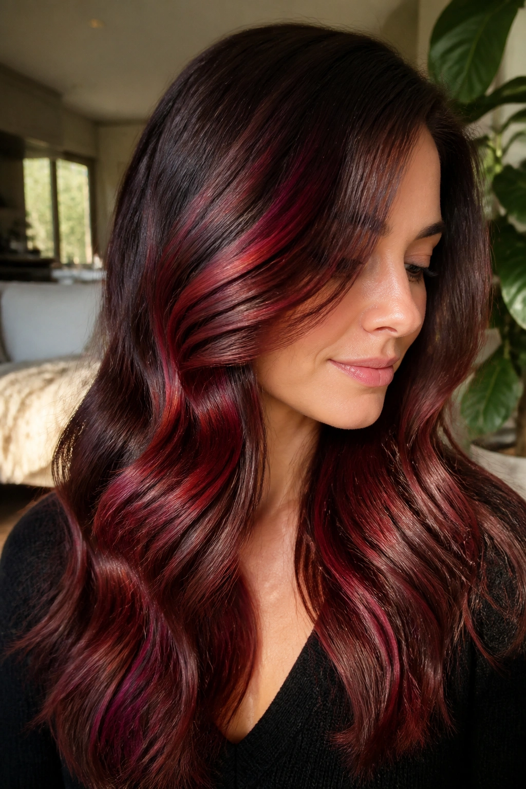 Brunette with broad red ribboning through outer hair in waves