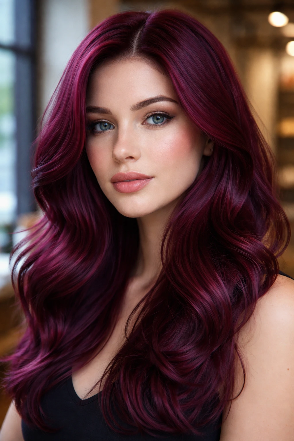 Close-up portrait of a person with red-violet hair and cool undertones in salon lighting
