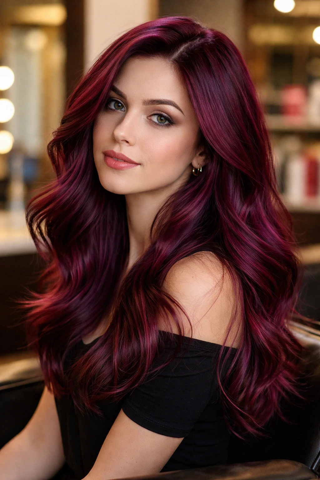 Close-up of a real woman with multi-tonal red-violet hair in a salon chair