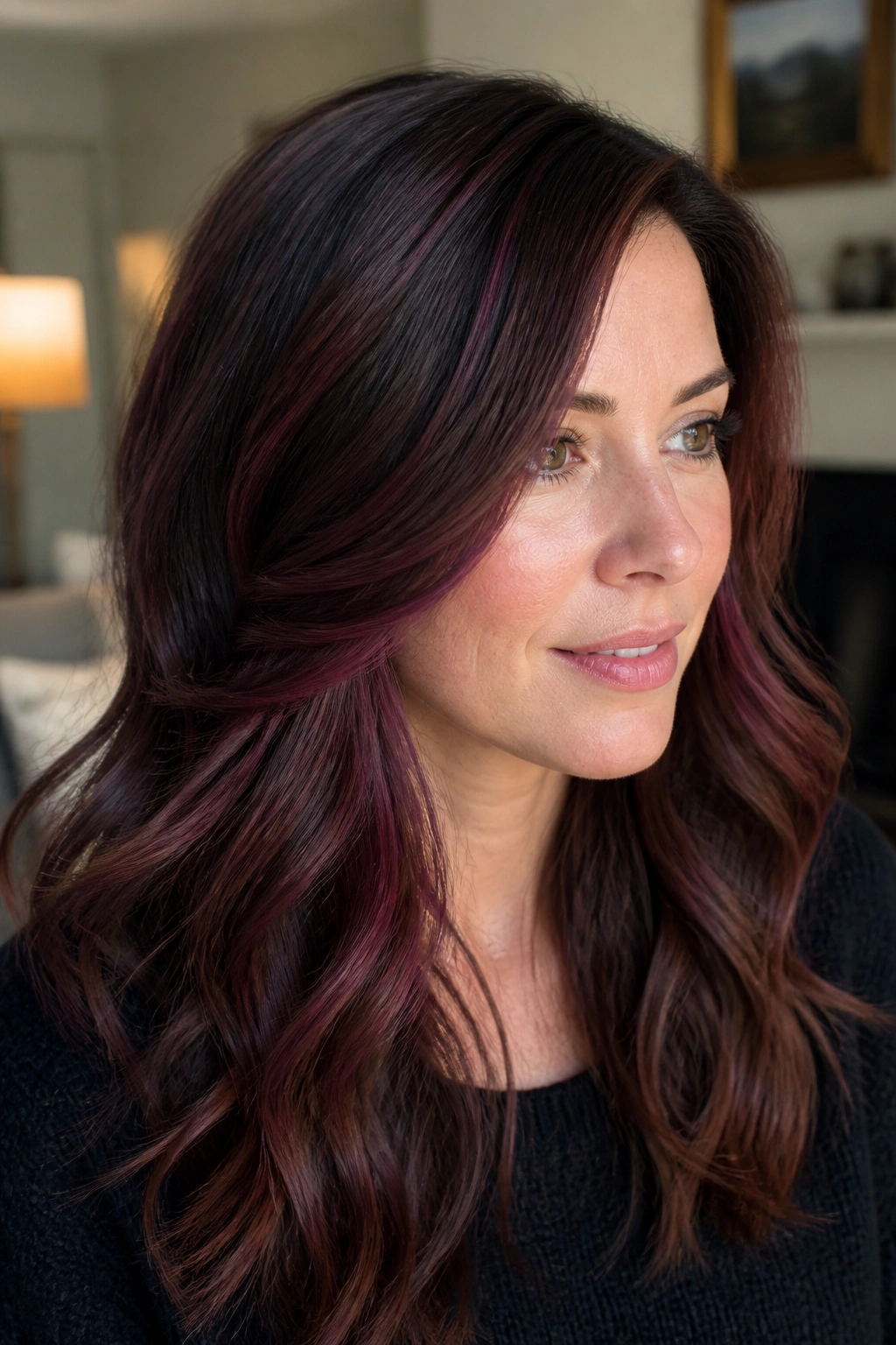 Close-up of a real person with red-violet lowlights adding depth to medium brown hair